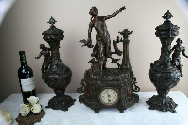 French spelter bronze Clock set Vases urns garniture 1960's art nouveau lady fig