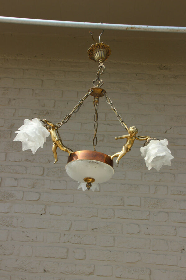 French Mathieu signed bronze glass 3 putti angels chandelier pendant