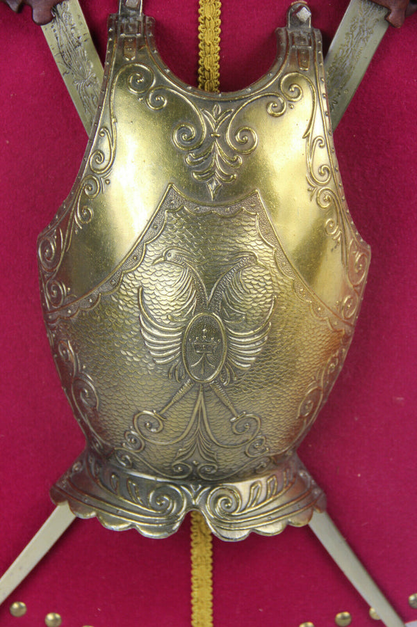 Vintage French fleur de lys dragon gothic armor shield wall red velvet 1970