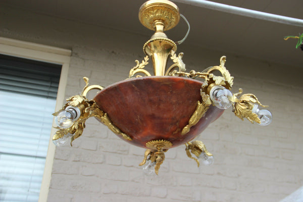 Vintage French Alabaster amber Bowl Chandelier Bronze brass 1960