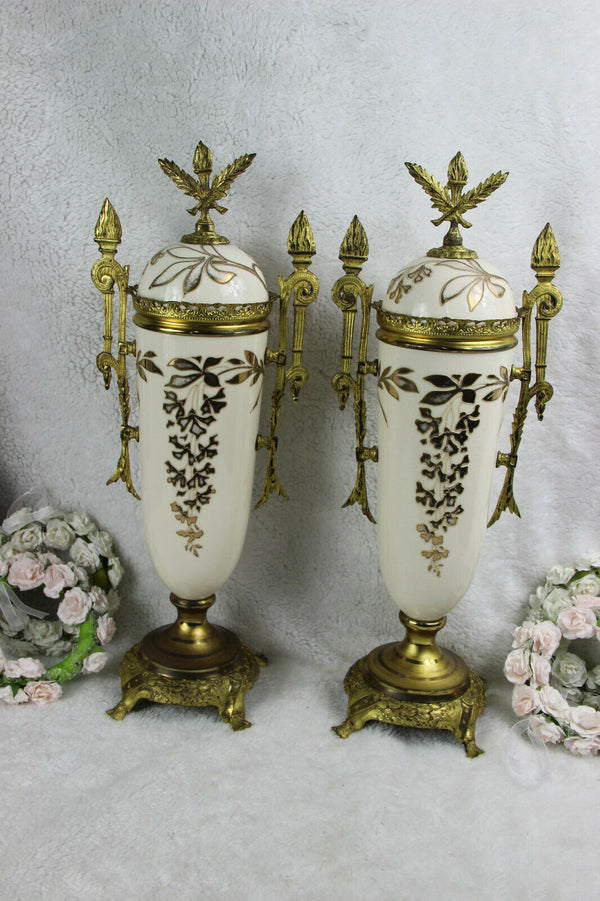 PAIR XL french antique art nouveau faience Vases urns
