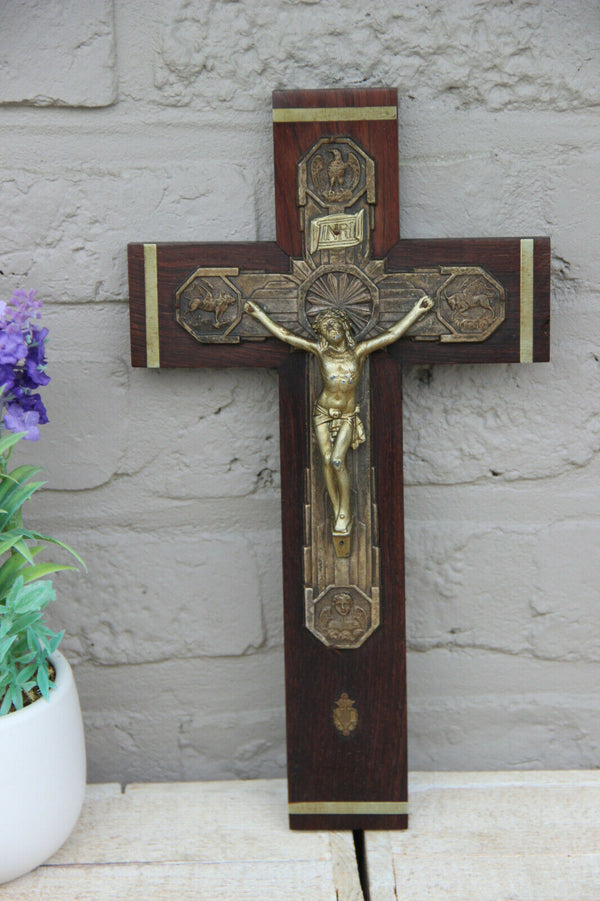 Antique french religious art deco period 1930  wood carved cruxifix 4 evangelist