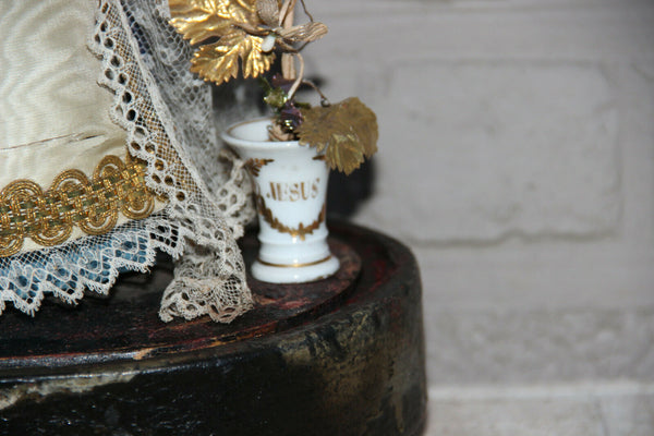 Antique French Wax madonna statue vieux paris porcelain vase globe dome rare