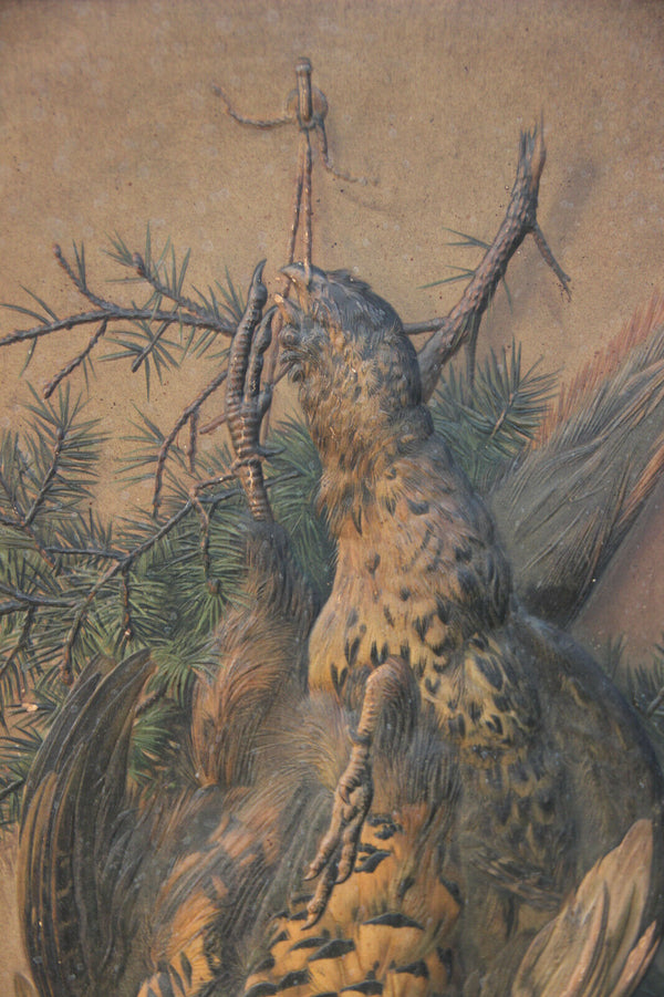 Antique 19thc Hunting trophy partridge bird pheasant relief hand paint panel