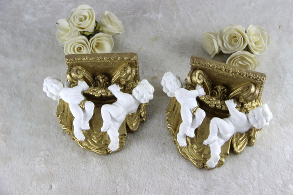PAIR cute French chalkware putti angels Wall consoles Gold white 1970