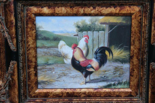 PAIR French vintage OIL panel Chicken rooster animal painting matching