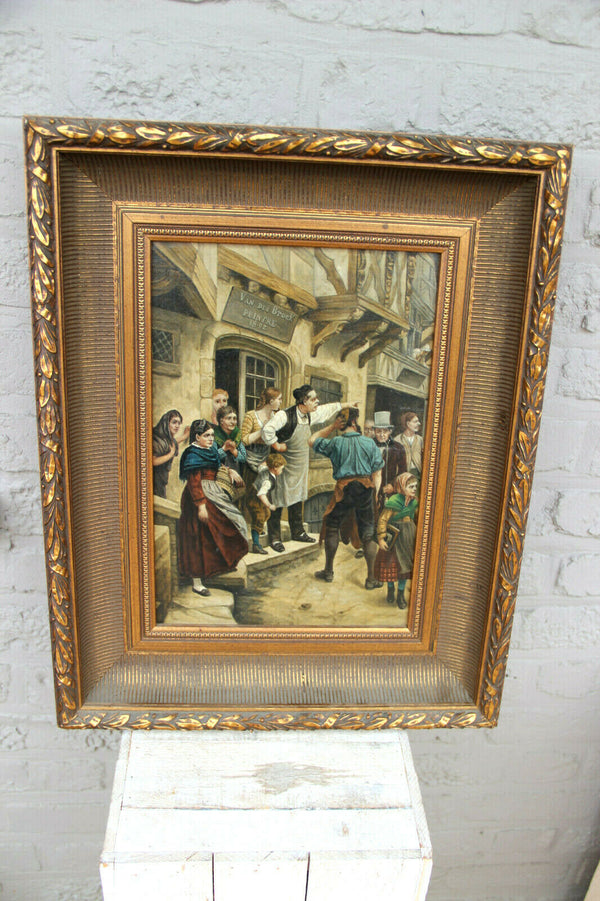 Vintage oil canvas painting fisherman boats maritime 1970s