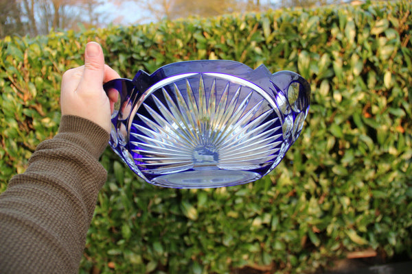 Large Vintage Czech bohemia art glass crystal Bowl hunting deer blue