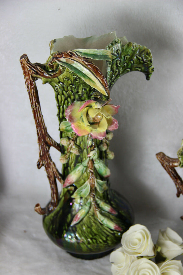 Huge Antique 1900 art nouveau barbotine MAjolica Vases planter set relief floral