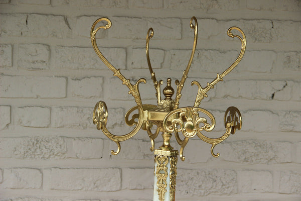 Ornate Antique Brass onyx Marble Coat rack hat stand hall 1950 caryatids base