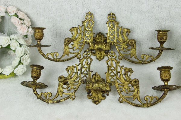PAIR antique Gothic Dragon chimaera figurine piano sconces wall candle holders