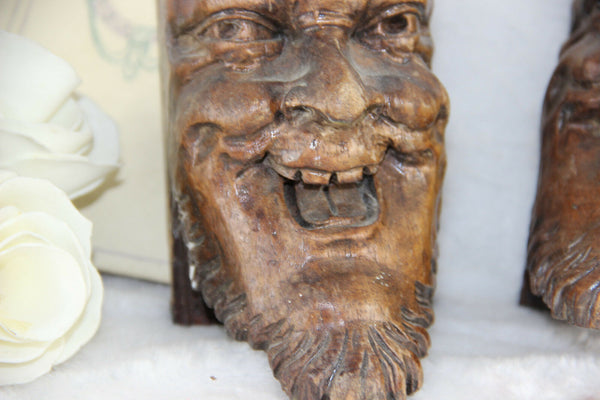 Set of 4 Antique XVIII Wood carved DEVIL gothic figurines head portrait ornament