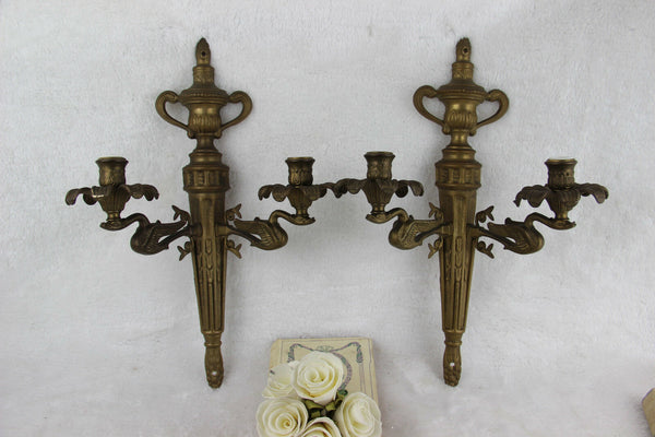 PAIR french Louis XVI Brass Wall lights sconces empire Swan arms 1950's