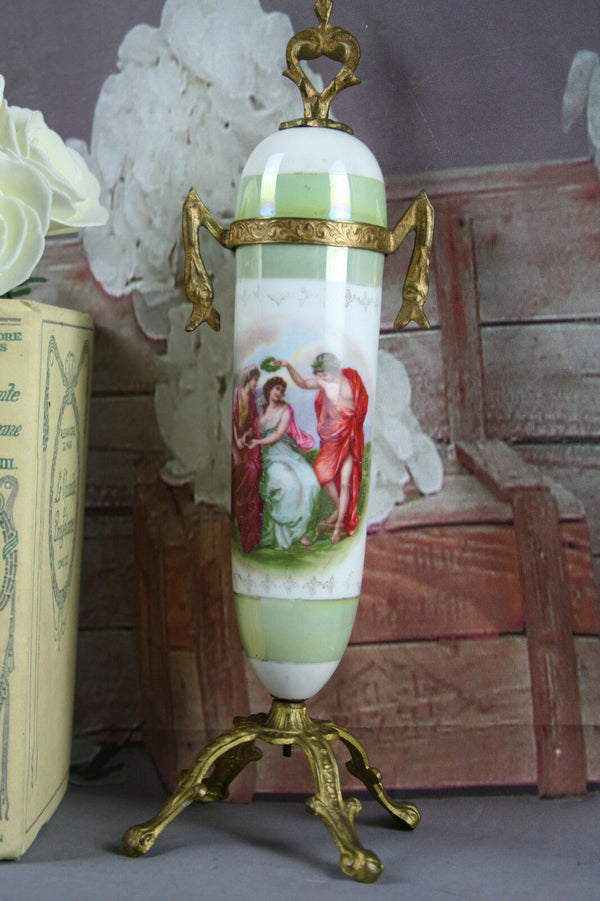 French porcelain VTG Green romantic victorian scene brass base
