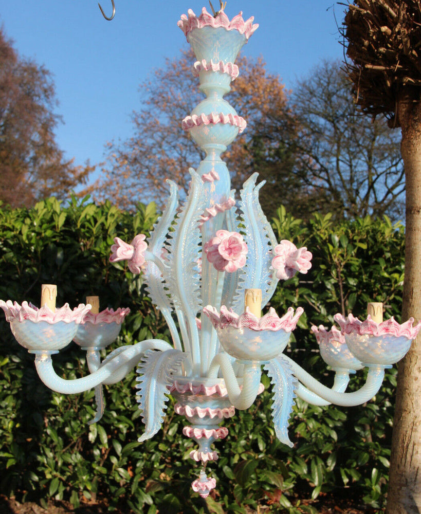 Pink Murano hand blown glass 6 arms Venetian Chandelier lamp mid century 1970