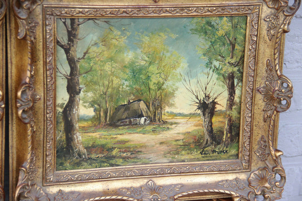 Pair flemish oil cardboard landscape maritime boat scene painting signed