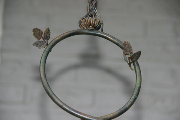 Antique French Spelter bronze putti angel Chandelier pendant porcelain flower