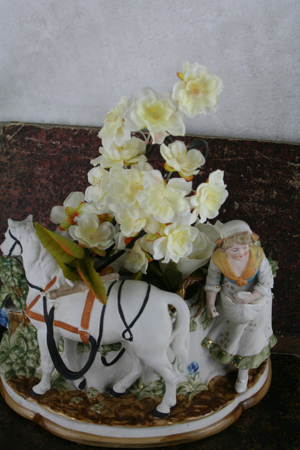 Gorgeous German antique bisque porcelain horse farm girl planter jardiniere