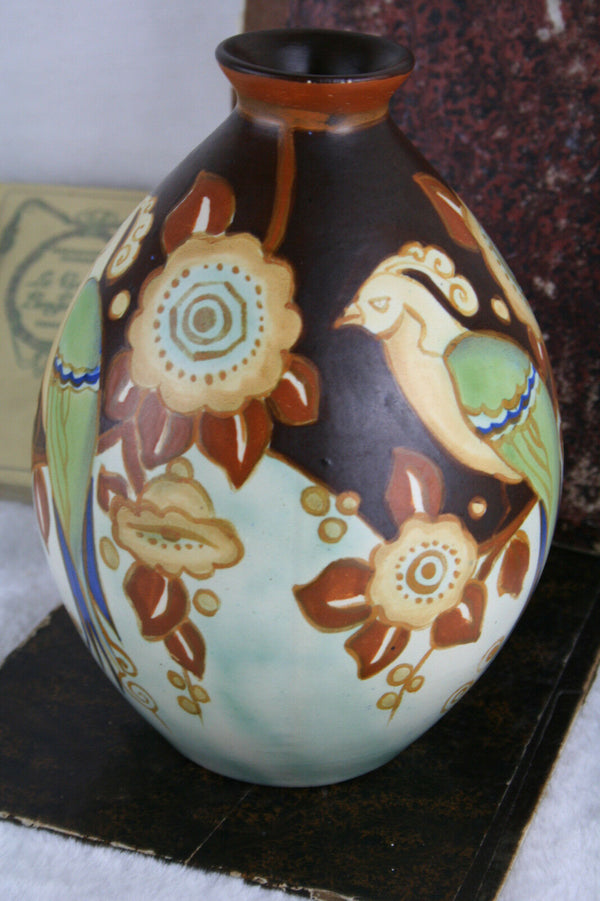 Rare Boch Freres Keramis Catteau Art deco Belgian Vase parrot birds D2781