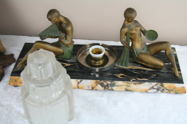 Rare Limousin signed ART Deco 1930 spelter bronze marble base lamp statue music