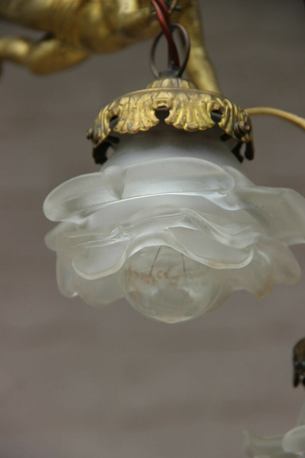 French Antique Bronze Angel putti tulip shade pendant lamp candelier