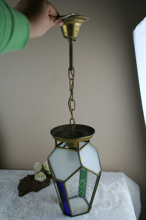 ART DECO french 1930 coloured leaded glass chandelier lantern hexagonal