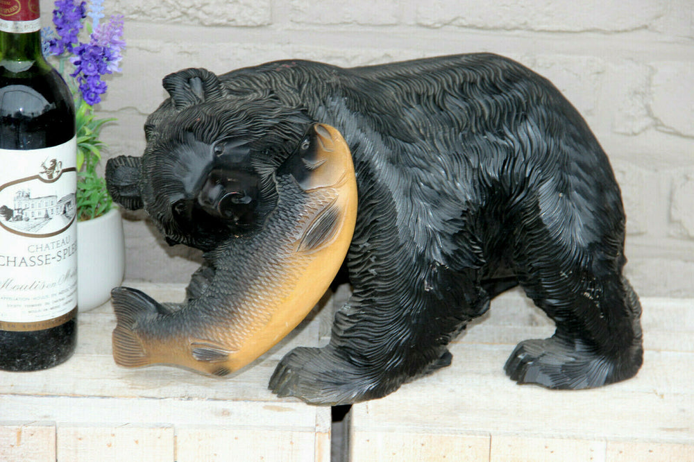 XL vintage japanese hokkaido  hand wood carved bear salmon statue figurine
