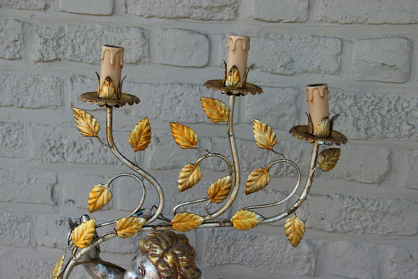 Vintage italian wood carved polychrome Angel putti lamp 1950