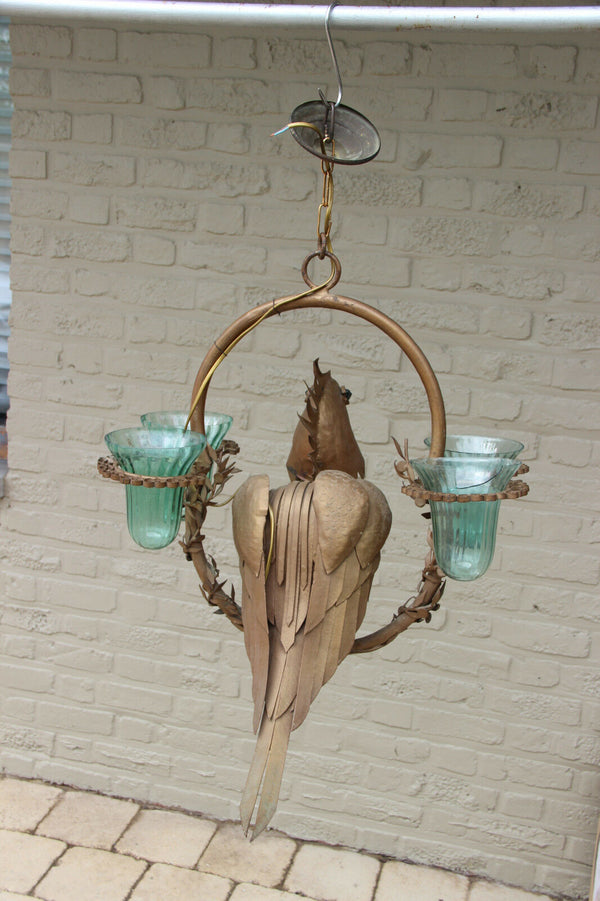 Unusual Rare Copper Parrot Bird glass figurine chandelier lamp French 1950's