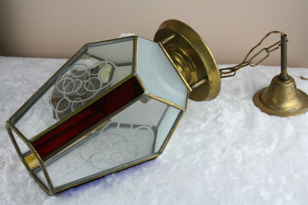 ART DECO french 1930 coloured leaded glass chandelier lantern hexagonal
