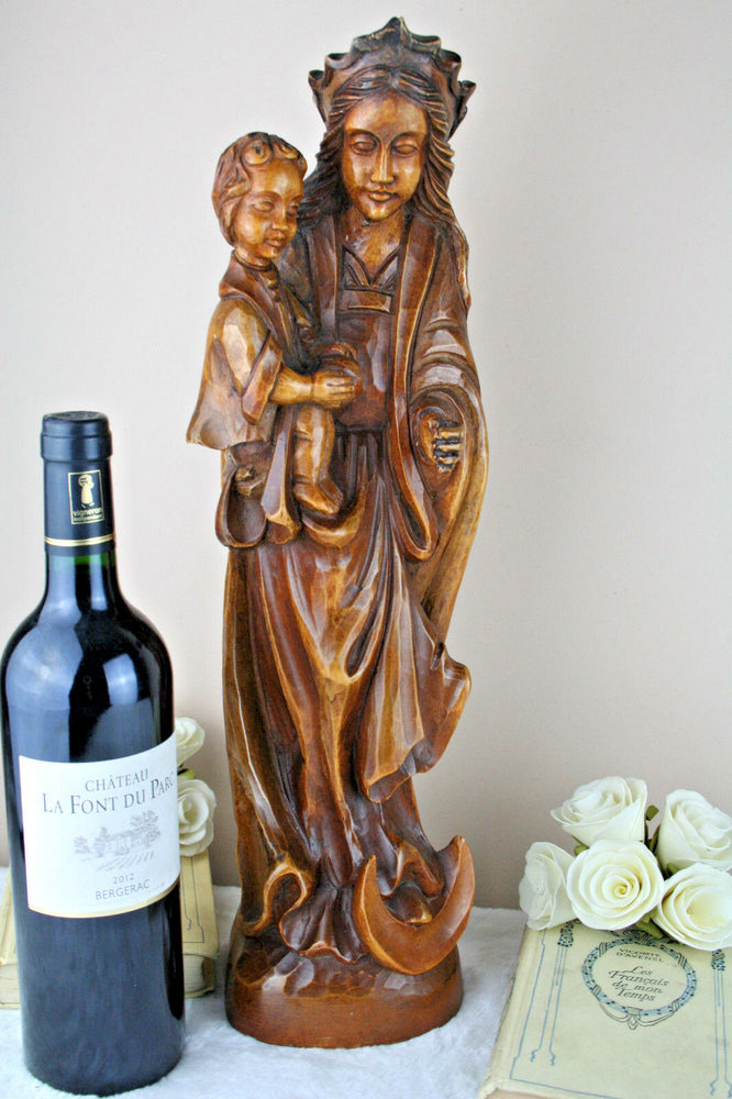 Antique Gorgeous wood carved German Madonna Mary  statue religious 1920