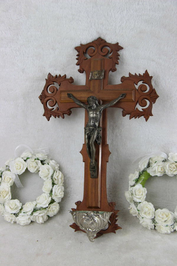 Antique French wood carved crucifix holy water font
