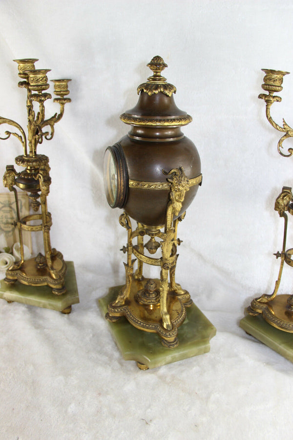 Antique empire French clock set candelabras ram heads paws onyx marble base