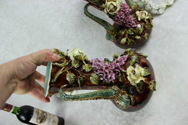 PAIR antique art nouveau barbotine majolica dolphin flowers Vases 1900 rare