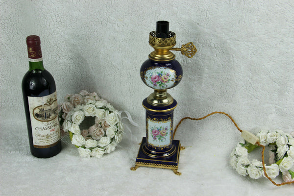 French Limoges Floral Table lamp porcelain blue marked lion paws