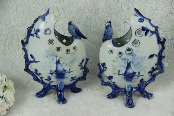 PAIR Delft blue white pottery Bird Floral Mill landscape Vases figurines