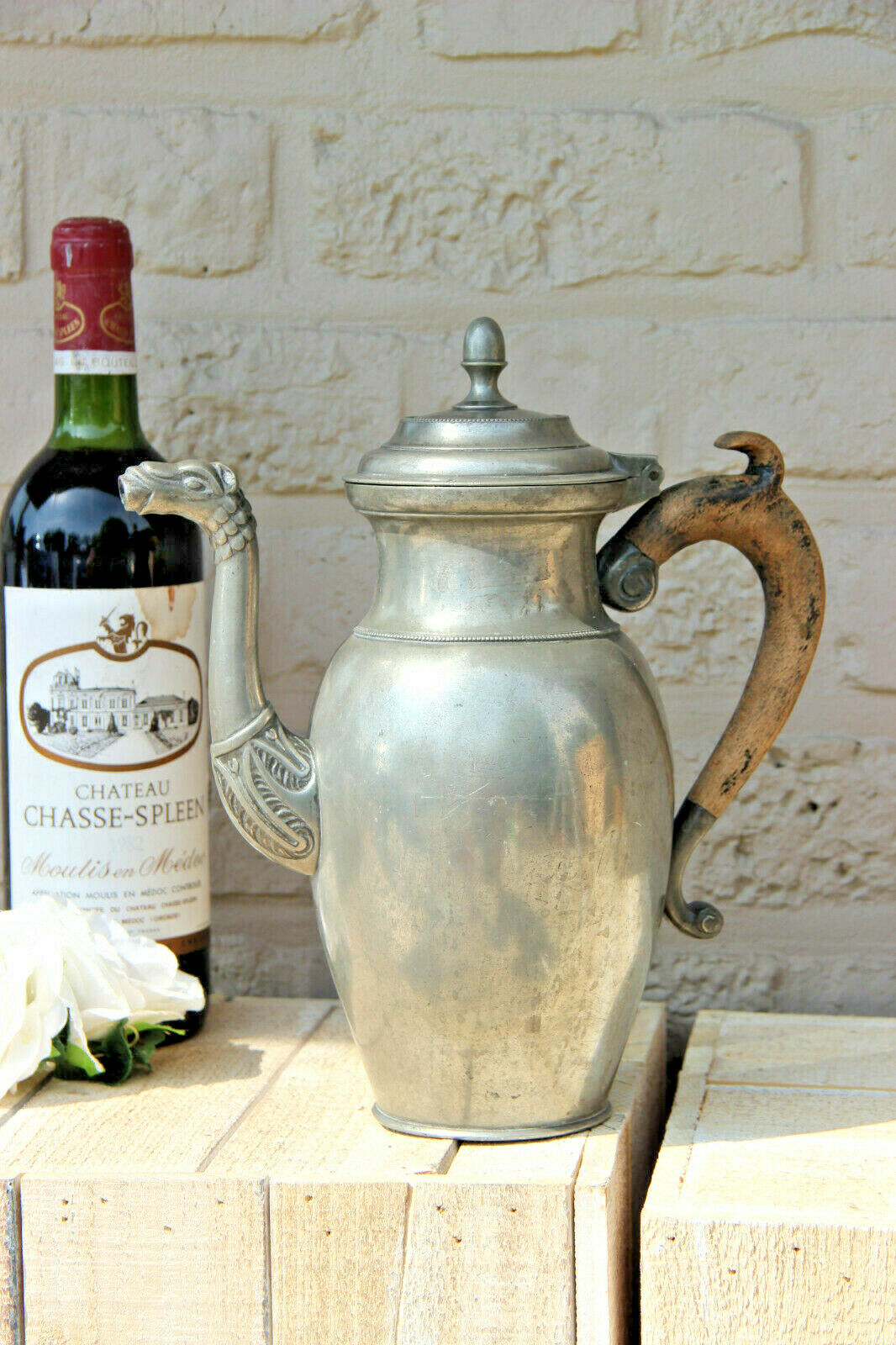 Antique 18thc very old FLEMISH pewter tea coffee pot dragon gothic castle