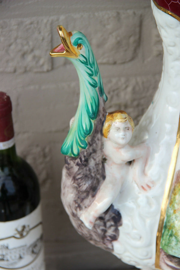 Rare Italian Capodimonte marked porcelain Ewer pitcher vase putti Swan mouth