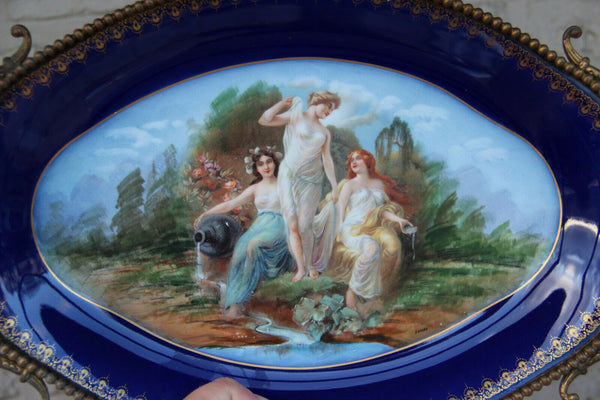 Antique French Centerpiece bowl tray in Sevres porcelain victorian bronze frame