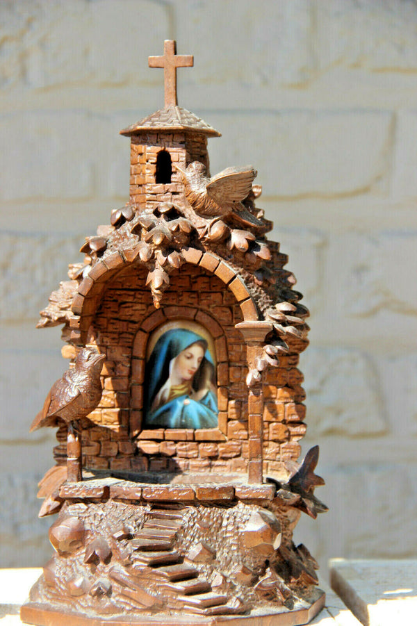 Rare BLACK FOREST wood carved Holy water font well Chapel porcelain plaque