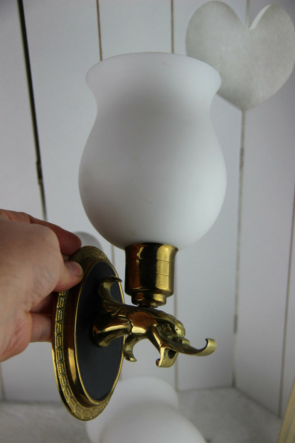 PAIR empire design Fish dolphin brass metal wall lights sconces opaline glass