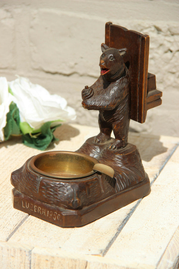 Antique hand Black forest wood carved swiss bear statue ashtray match holder