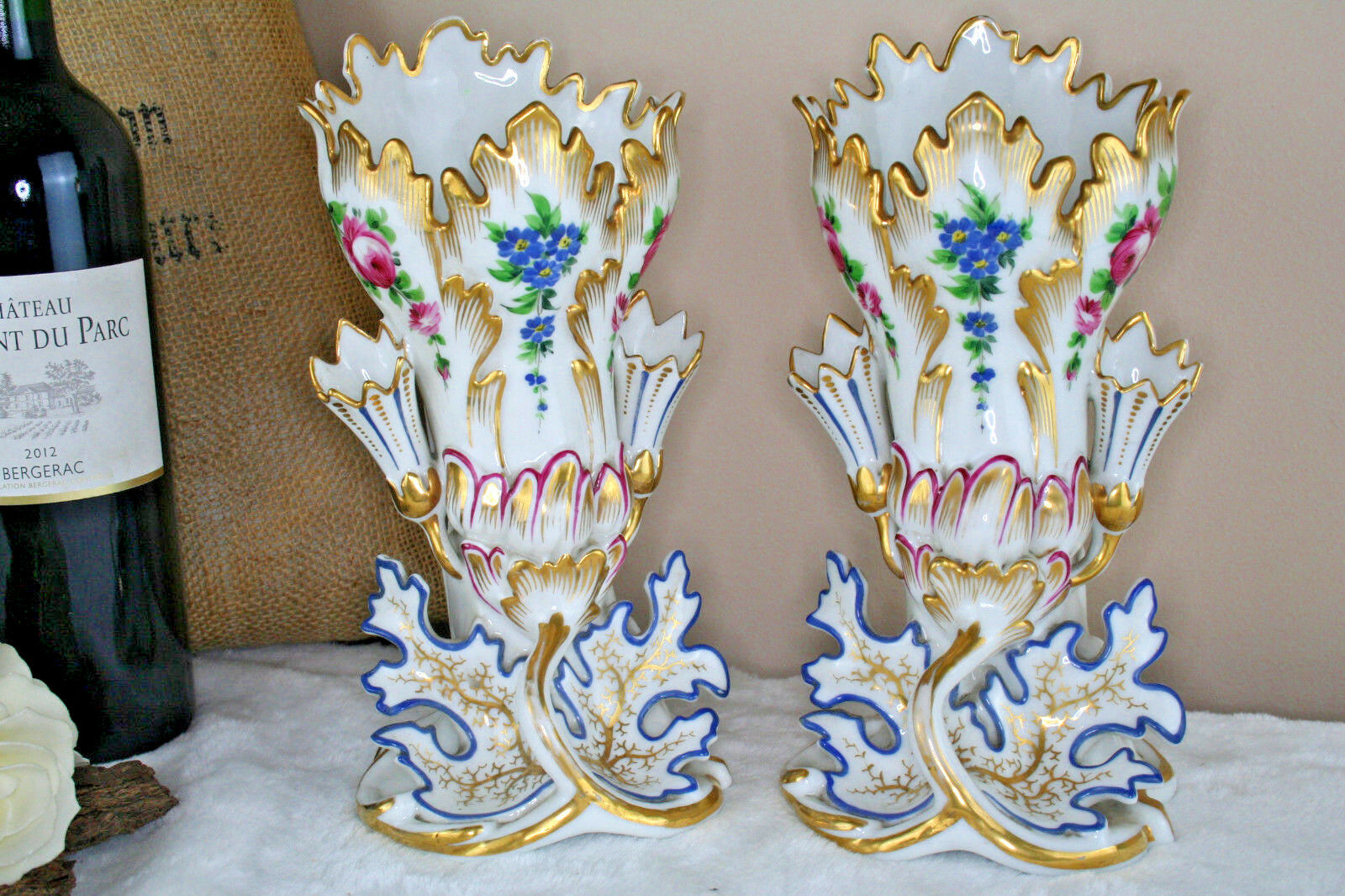 Antique 19thC PAIR vieux paris porcelain floral decor Vases style de Jacob petit