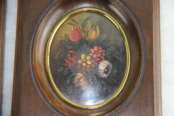PAIR French Floral painting miniature portraits oval medaillon still live 1960'