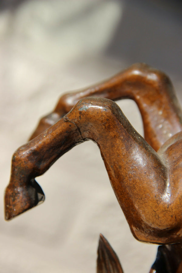 PAIR antique spelter Bronze patina marly horses by Coustou wood base