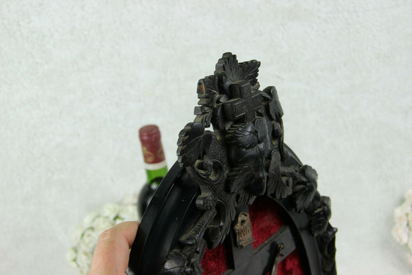 Antique French napoleon III Black wood carved crucifix bronze christ religious