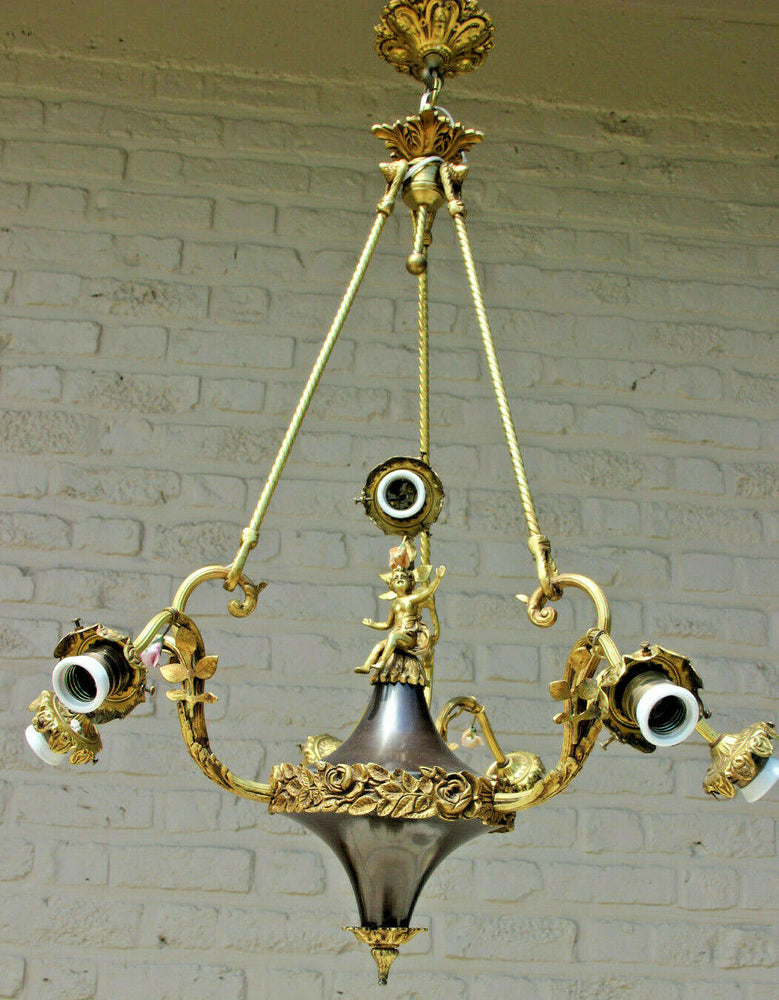 French bronze porcelain flowers putti 7 arms chandelier empire