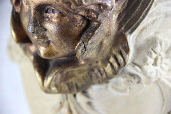 PAIR XL Chalkware French antique VASES putti heads birds decor marked