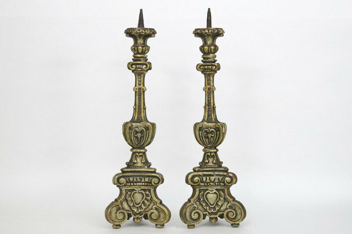 PAIR antique italian religious altar church candelabras candlestick wood carved