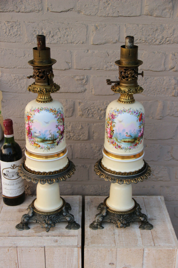 PAIR french antique Oil Lamps porcelain hand paint duck bird marked Rare